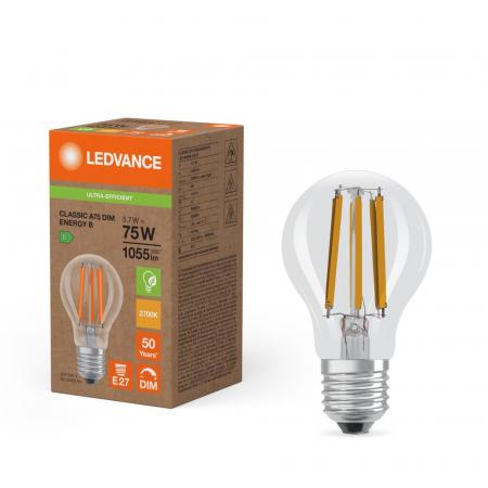 Nur noch angezeigter Bestand verfügbar: Ledvance E27 effiziente dimmbare LED Lampe Classic klar 5,7W wie 75W 2700K warmweißes Licht
